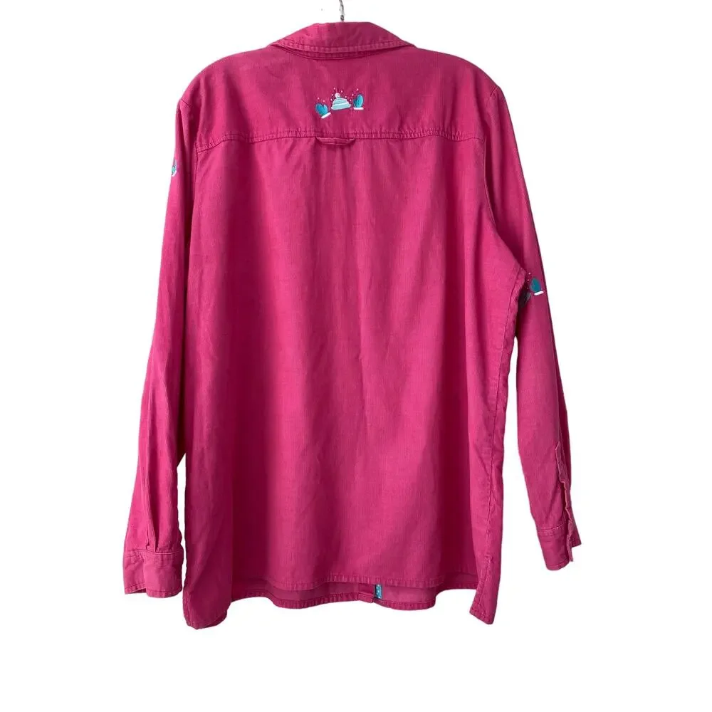 Quacker Factory Pink Corduroy Winter Shirt‎ Size XL Embellished Mittens Holiday